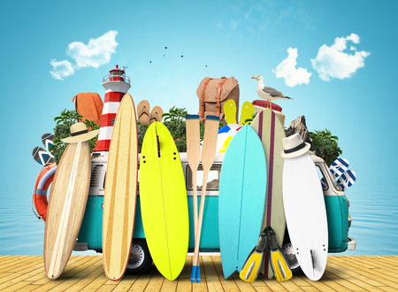 Blue van c surfboards and things for a beach holidayの写真素材
