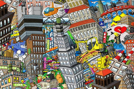 City, an illustration of a large collage, with houses, cars and peopleの写真素材