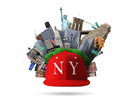 New York collage with the sights and red capの写真素材