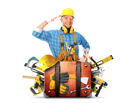 Construction tools and helmet in a bagの写真素材