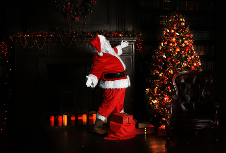 Christmas night, Santa Claus puts gifts under the treeの写真素材
