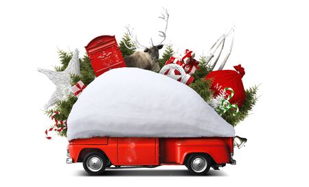 Santa Claus Christmas car with gifts and Christmas treesの写真素材