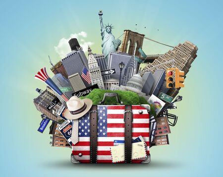 Suitcase with American flag on the background of USA landmarksの写真素材