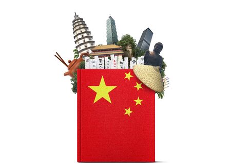 Textbook of Chinese language and bookmarks. Translation of Chinese characters: one, two, three, child, father, friendship, teaching.の写真素材