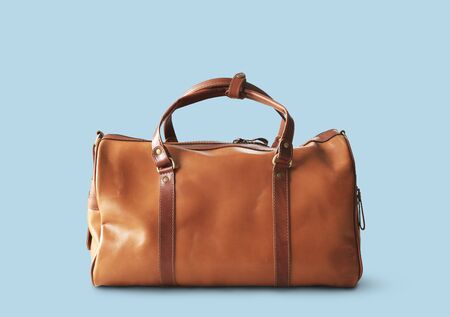 Large classic brown leather travel bagの写真素材