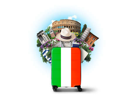 Italy, landmarks Italy and retro suitcase with hatの写真素材