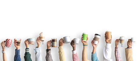 People are holding mugs and paper cups of coffee. Concept on the theme of cafes and coffee.の写真素材