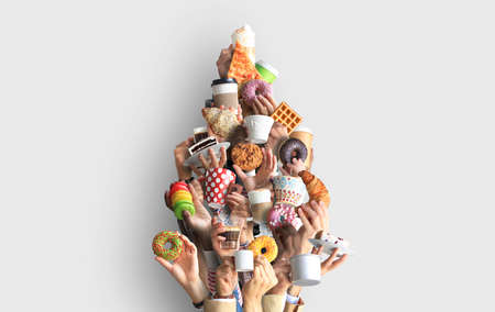 People are holding mugs and paper cups of coffee and desserts. Concept on the theme of cafes and coffee. Christmas tree.の写真素材