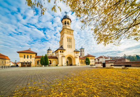 The Coronation Orthodox Cathedral  and Roman Catholic cathedral in Fortress Of Alba Iulia, Transylvania, Romania.のeditorial素材