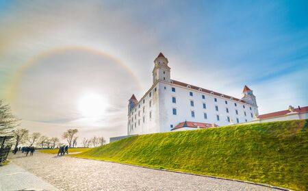 Solar halo over Danube river and medieval castle in Bratislava, Slovakiaのeditorial素材