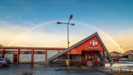 Rasnov, Romania - February 3, 2020: Front of a Carrefour market expres