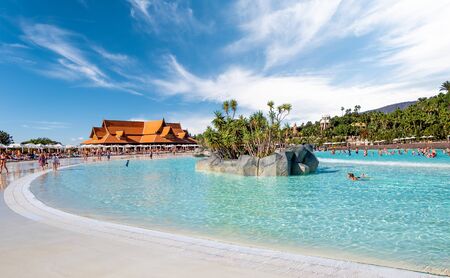 Adeje coast, Tenerife, Spain - 10 January, 2019:  Landscape with artificial beach in Siam Park, Tenerife, Canary island, Spainのeditorial素材