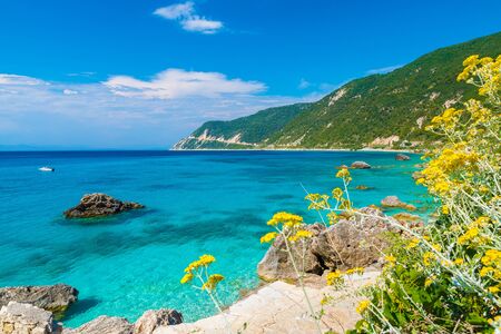 Landscape with turquoise water in Agios Nikitas, Lefkada Greeceの写真素材