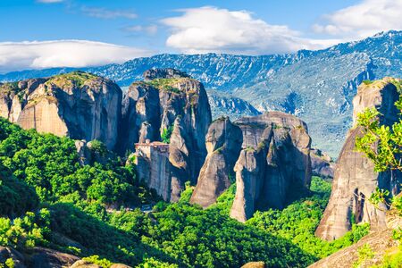 Landscape with monasteries and rock formations in Meteora, Greece.の写真素材