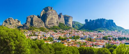 Kalampaka town with Metora cliffs and monastery, Greece.の写真素材