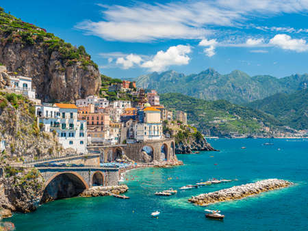 Landscape with Atrani town at famous amalfi coast, Italyのeditorial素材