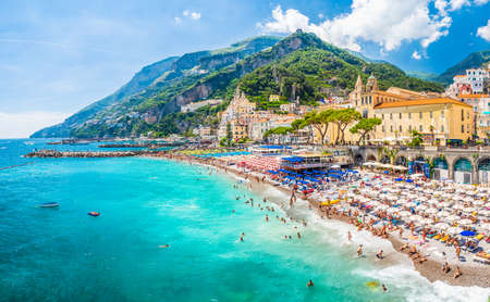 Landscape with amazing beach of Amalfi town at famous amalfi coast, Italyのeditorial素材
