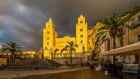 The Cathedral of Cefalu in golden sunset light after rain, Sicily island, Italyのeditorial素材
