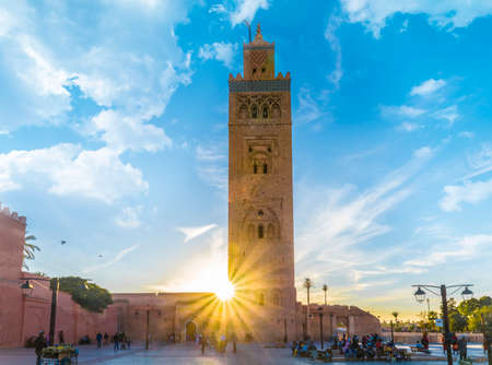 Koutoubia Mosque at sunset time, Marrakesh, Moroccoのeditorial素材