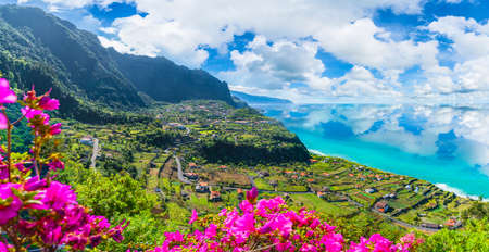Aerial view of the northern coast of Madeira islands, from the Solar de Boaventura miradouro, Portugalの写真素材