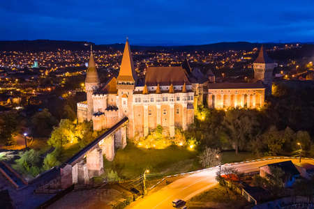 Medieval Hunyad Corvin castle at twilight time, Hunedoara town,Transylvania regiom,Romania,Europeのeditorial素材