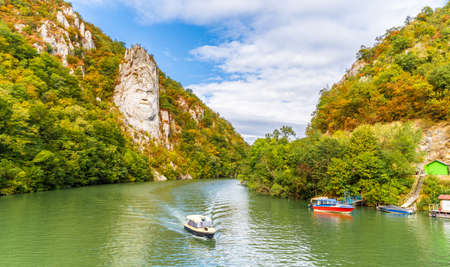 Autumn landscape with Decebal Statue on the Danube river, Romaniaのeditorial素材