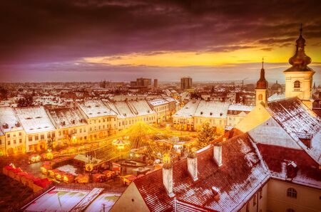 Panoramic view over Christmas Market in Sibiu, Transylvania, Romaniaの写真素材