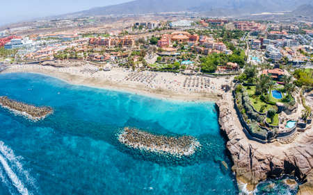 Aerial view with El Duque beach at Costa Adeje, Tenerife, Canary Islands, Spainのeditorial素材