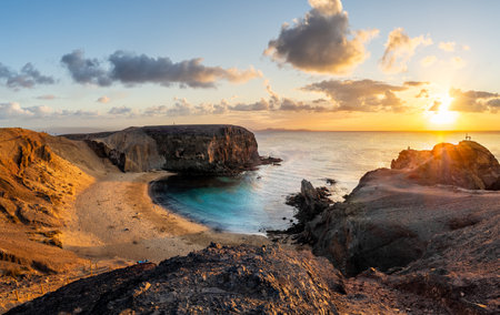 Landscape with Papagayo beach at sunset, Lanzarote, Canary Islands, Spainの写真素材