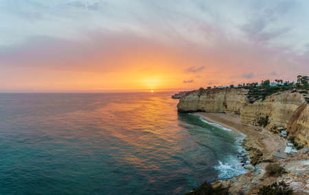 Landscape with Praia Vale de Centeanes at sunset. View from Miradouro Vale Centeanes, Algarve,...