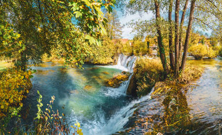 Landscape with lake and  waterfall in Rastoke village  near Slunj in Croatiaの写真素材