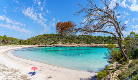 Landscape with beach and turquoise sea water on Cala Mondrago, Majorca island, Spainの写真素材
