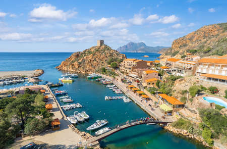 Aerial view with Porto village to the west of Corsica, Franceの写真素材