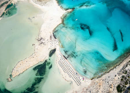 Amazing aerial view of Balos lagoon beach with turquoise waters, Crete, Greeceの写真素材