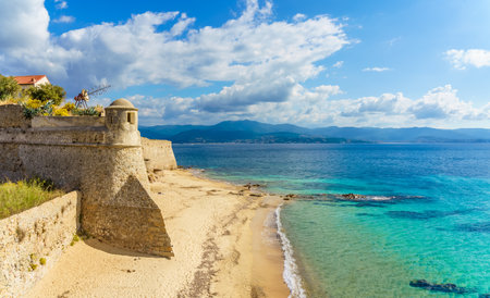 Landscape with  Saint Francois beach and old citadel  in Ajaccio, Corsicaのeditorial素材