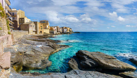 Landscape with Erbalunga, ancient village in Corsica, Frenchの写真素材