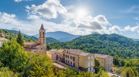 Landscape with Evisa, mountain village in the Corse-du-Sud department of Corsica island, Franceのeditorial素材