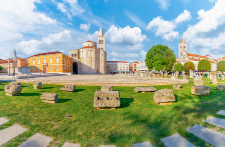 Landscape with historic roman artifacts at Form square in Zadar, Dalmatia region, Croatiaの写真素材