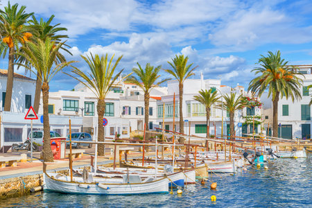 Landscape with fishing port of Fornells village in Menorca, Balearic islands, Spainの写真素材