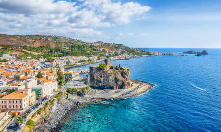 Landscape with aerial view of Aci Castello, Sicily island, Italyの写真素材