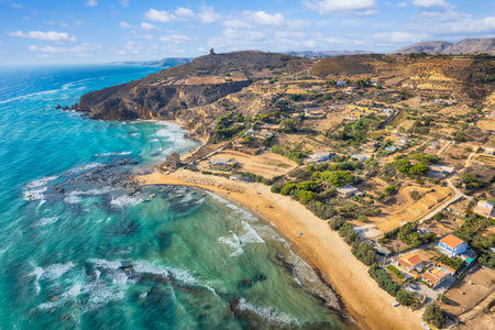Landscape with aerial view of Le Pergole beach, Sicily island, Italyの写真素材
