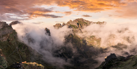 Landscape of beautiful cloudscape above the Pico do Arieiro mountains, Madeira Island, Portugalの写真素材