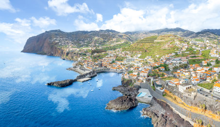 Landscape with Camara de Lobos, Cabo Girao in background, Madeira island, Portugalの写真素材