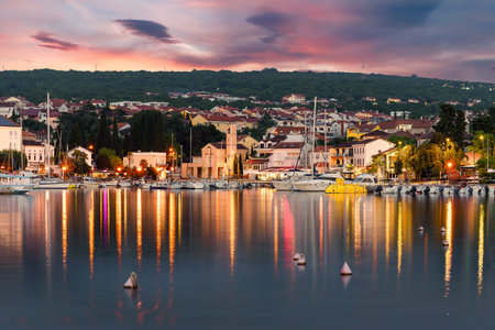 Landscape with Malinska town at night, Krk island, Croatiaの写真素材