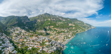 Landscape with Positano town at famous amalfi coast, Italyの写真素材