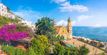 Landscape with Praiano village at famous Amalfi Coast, Italyの写真素材