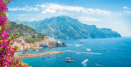 Landscape with Amalfi town at famous Amalfi Coast, Italyの写真素材