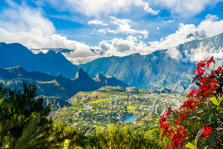Landscape with Cilaos town in Cirque de Cilaos, La Reunion islandの写真素材