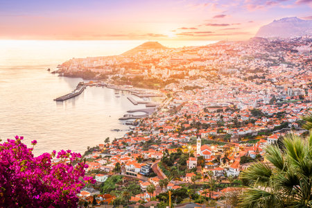 Landscape with Funchal at sunset time, Madeira island, Portugalの写真素材