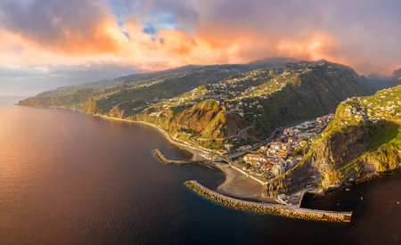 Landscape with Ribeira Brava town at sunset, Madeira island, Portugalの写真素材